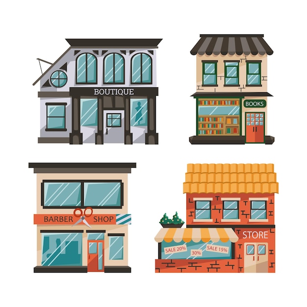 Vector conjunto de fachadas de edificios de tiendas en un estilo plano pequeñas tiendas urbanas barbería boutique librería aislada en un fondo blanco exterior del mercado peluquería y cafetería ilustración vectorial