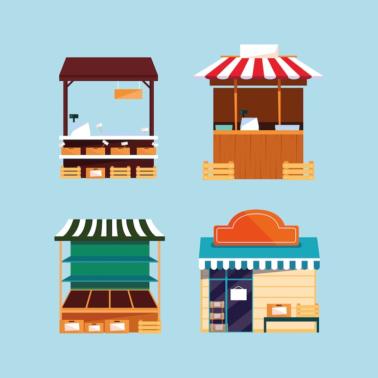 Vector conjunto de fachadas de tiendas y puestos de calle o mercado