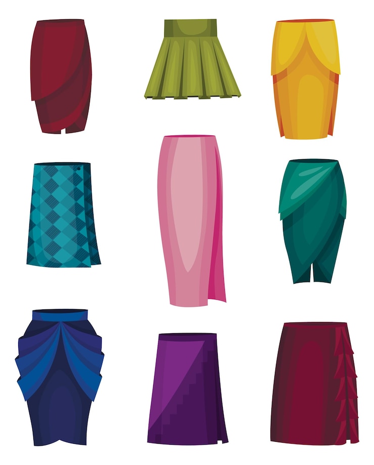 Vector conjunto de falda de mujer ropa de moda moderna ropa de tela formal de moda diferentes modelos elegantes y colores de ropa diseño de tela de mujer