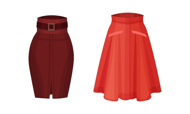 Conjunto de faldas textiles elegantes ajustadas y plisadas Ropa femenina de moda Ilustración vectorial de dibujos animados