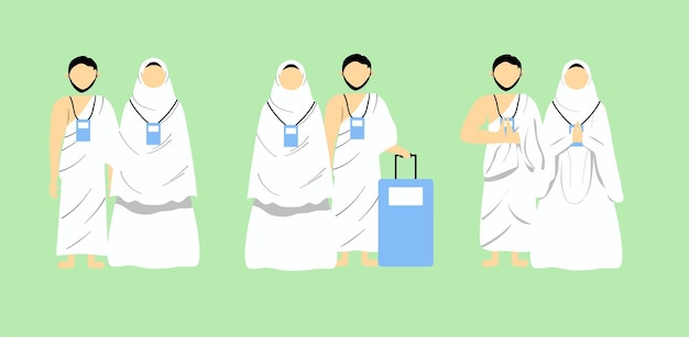 Conjunto de familia musulmana sin rostro usando Ihram Peregrinación islámica Hajj Vector Ilustración de dibujos animados