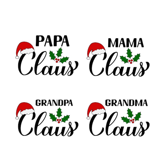 Conjunto familiar de Navidad Papa Mama Abuelo Abuela Claus caligrafía letras de mano aisladas en tipografía blanca plantilla vectorial para póster tarjeta de felicitación banner volante pegatina diseño de logotipo, etc.