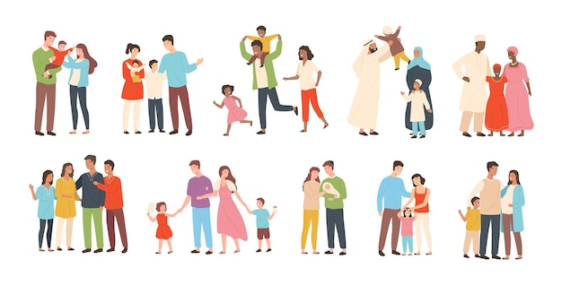Conjunto de familias heterosexuales tradicionales felices con niños. Madre, padre e hijos sonrientes. Lindos personajes de dibujos animados aislados sobre fondo blanco. Ilustración de vector colorido en estilo plano.