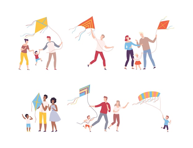 Conjunto de familias jugando cometas al aire libre conjunto feliz madre alegre padre y los niños teniendo un buen tiempo juntos ilustración vectorial plana