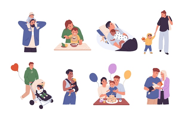 Conjunto de familias con niños en edad preescolar padres e hijos felices madres padres y bebés mamás papás junto con hijos hijas ilustración vectorial gráfica plana aislada en fondo blanco