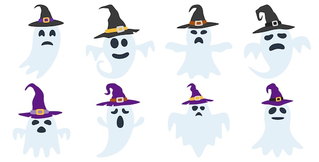 Conjunto de fantasma con sombrero aislado sobre fondo blanco.