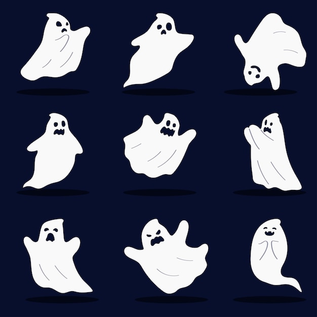 Conjunto de fantasmas aislados en un fondo oscuro ilustración de vector de personajes de halloween en estilo plano