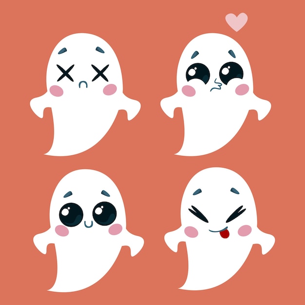 Un conjunto de fantasmas lindos con diferentes emociones Ilustración vectorial de un personaje de Halloween