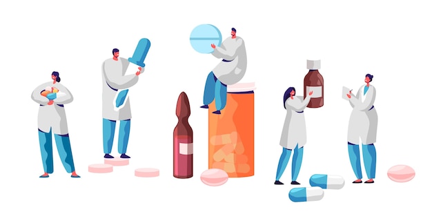 Conjunto de farmacia de medicina de carácter farmacéutico. Personas profesionales de la industria farmacéutica. Fondo de infografía de atención médica en línea. Píldora y botella Healthcare Flat Cartoon Vector Illustration