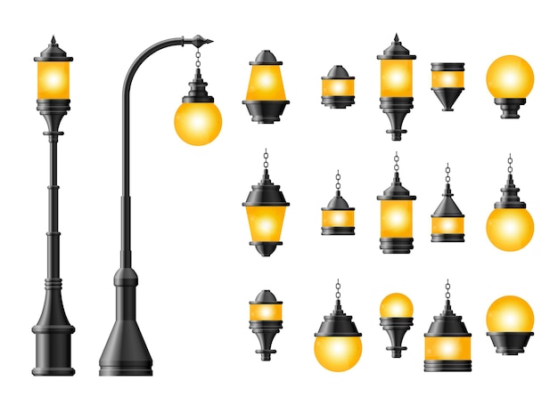 Vector conjunto de farola realista negra lámpara de calle lámpara vintage