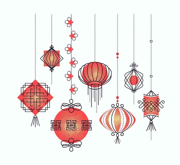 Vector conjunto de faroles asiáticos de calle y vacaciones, decoraciones de la cultura china. objetos monolinos y de semitonos