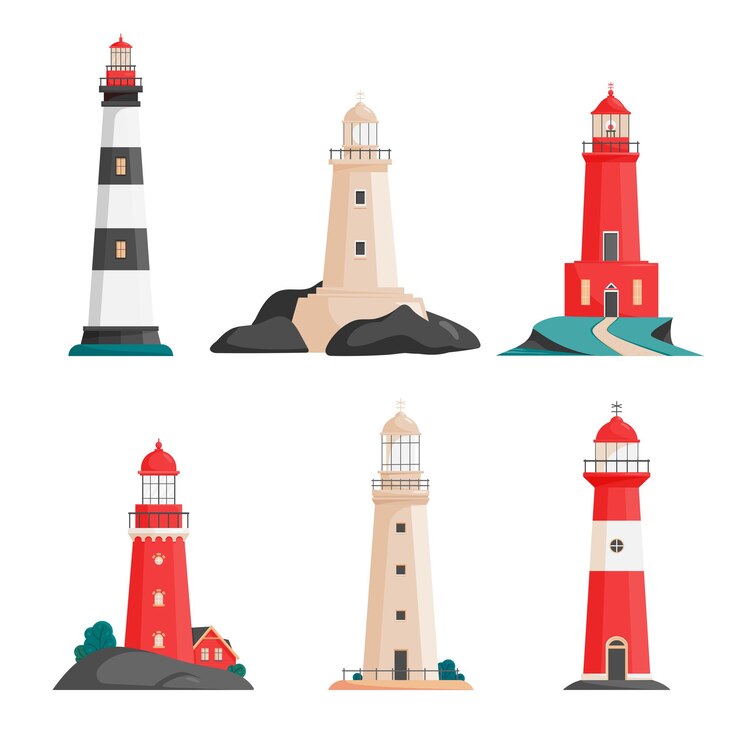 Vector conjunto de faros aislados en islas en estilo plano