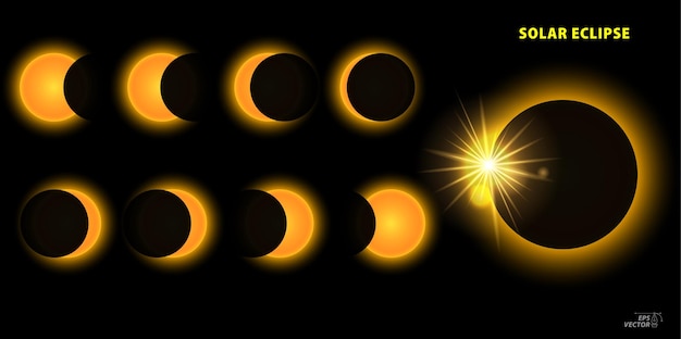 Vector conjunto de fases de eclipses solares ilustración 3d conjunto de fases de eclipse solar eps