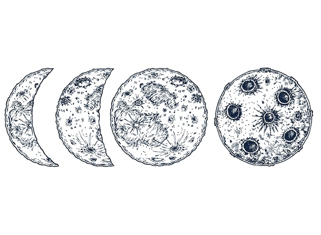 Conjunto de fases lunares dibujado a mano de la tierra satélite luna abstracto planeta bola boceto ilustración de tinta