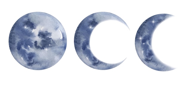 Conjunto de fases de planetas de luna azul claro acuarela