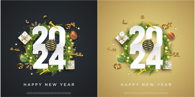 Vector conjunto de feliz año nuevo 2024 decoración realista festiva celebre la fiesta 2024 en un fondo cuadrado