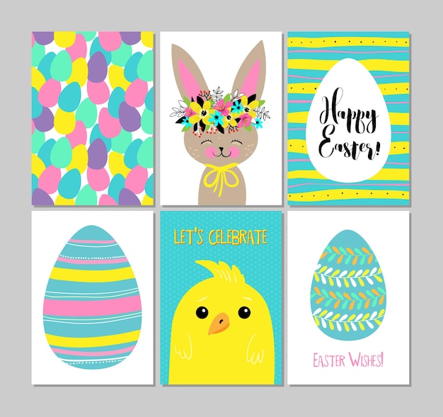 Conjunto de feliz día de pascua tarjetas de felicitación ilustraciones vectoriales eps10