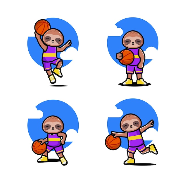 Vector conjunto de feliz lindo perezoso jugando baloncesto