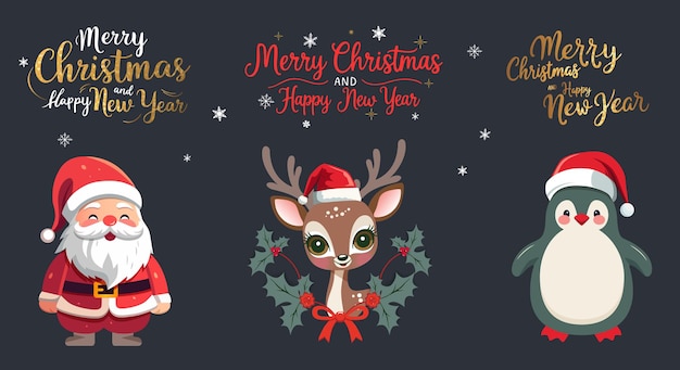 Conjunto de Feliz Navidad con animales de invierno de Papá Noel en sombreros con letras doradas Caligrafía de Feliz navidad