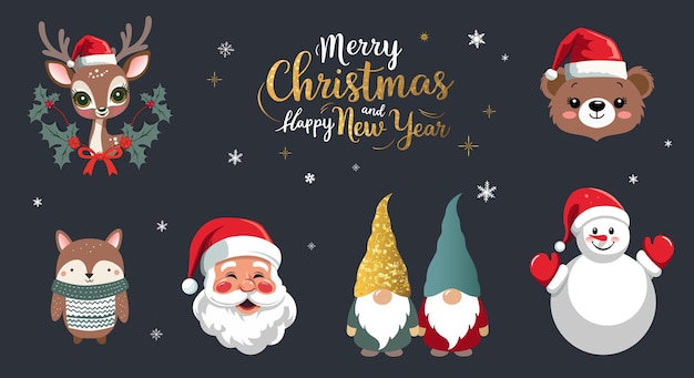 Conjunto de Feliz Navidad con letras de Papá Noel animales de invierno gnomos personajes de invierno para paquete de tarjetas de pancartas