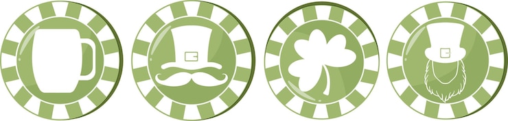 Vector conjunto de fichas de póquer verdes redondas con varias impresiones para el día de san patricio para varios diseños y po