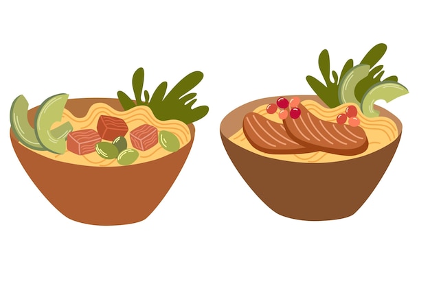 Conjunto de fideos ramen Comida asiática Fideos ramen con carne de huevo pescado camarones y algas Perfecta para restaurante café y menús impresos Dibujo a mano vectorial ilustración de dibujos animados