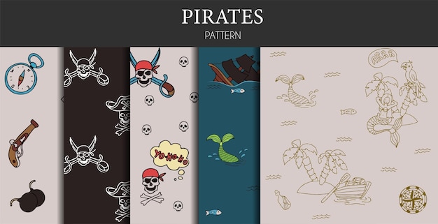 Conjunto de fideos vectoriales de patrones sin fisuras piratas un mapa con un boceto dibujado a mano de un barco sirena y pi