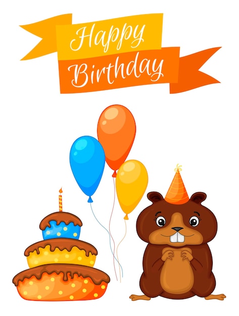 Conjunto de fiesta con castor y elementos coloridos sobre un fondo blanco Inscripción Feliz cumpleaños Vector multicolor