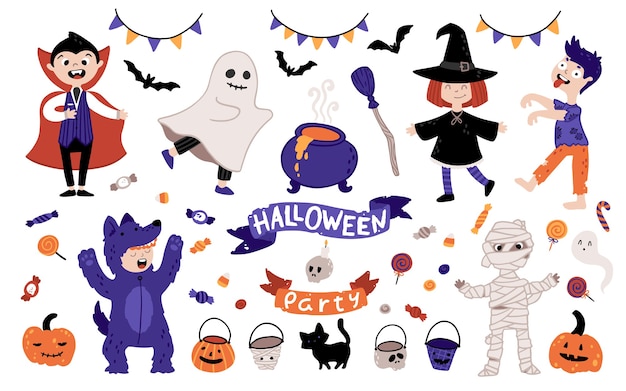 Conjunto de fiesta de disfraces de Halloween para niños. Un grupo de niños con diferentes disfraces para la fiesta. Ilustración de personajes y elementos en estilo simple dibujado a mano de dibujos animados.