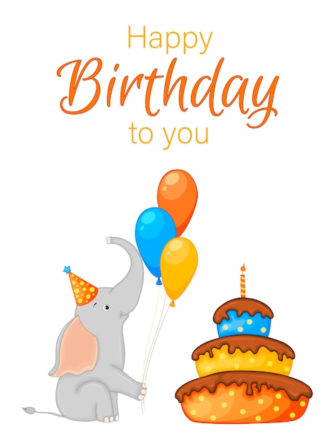 Conjunto de fiesta con elefante y elementos coloridos sobre un fondo blanco Inscripción Feliz cumpleaños Vector multicolor