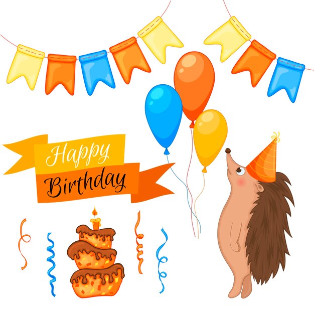 Conjunto de fiesta con erizo y elementos coloridos sobre un fondo blanco Inscripción Feliz cumpleaños Vector multicolor
