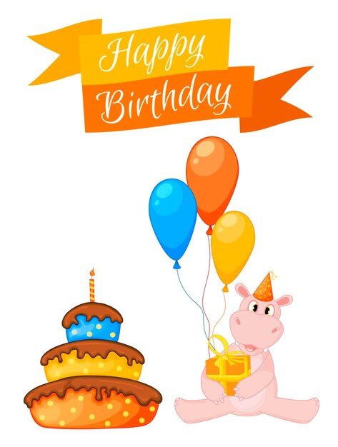 Conjunto de fiesta con hipopótamo y elementos coloridos sobre un fondo blanco Inscripción Feliz cumpleaños Vector multicolor
