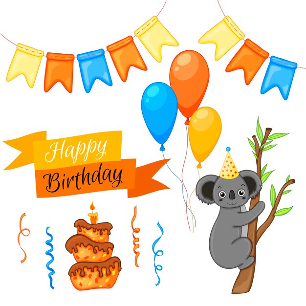 Conjunto de fiesta con koala y elementos coloridos sobre un fondo blanco Inscripción Feliz cumpleaños Vector multicolor