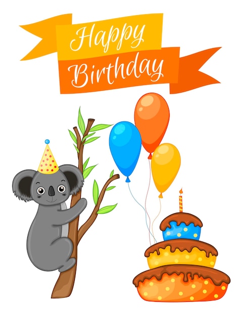Conjunto de fiesta con koala y elementos coloridos sobre un fondo blanco Inscripción Feliz cumpleaños Vector multicolor