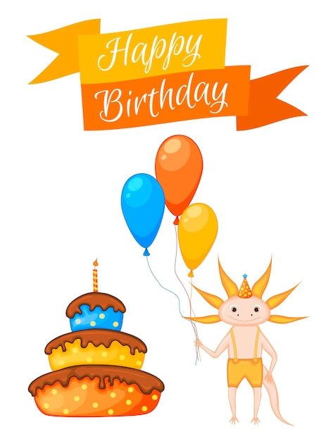 Conjunto de fiesta con lagarto y elementos coloridos sobre un fondo blanco Inscripción Feliz cumpleaños Vector multicolor