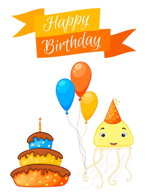 Conjunto de fiesta con medusas y elementos coloridos sobre un fondo blanco Inscripción Feliz cumpleaños Vector multicolor