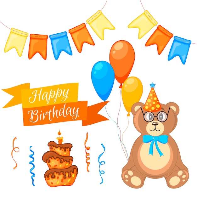Conjunto de fiesta con oso y elementos coloridos sobre un fondo blanco inscripción feliz cumpleaños vector multicolor