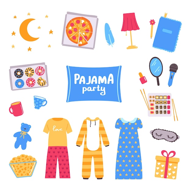 Conjunto de fiesta de pijamas. sueño de fiesta de pijamas. vacaciones ilustración vectorial plana.