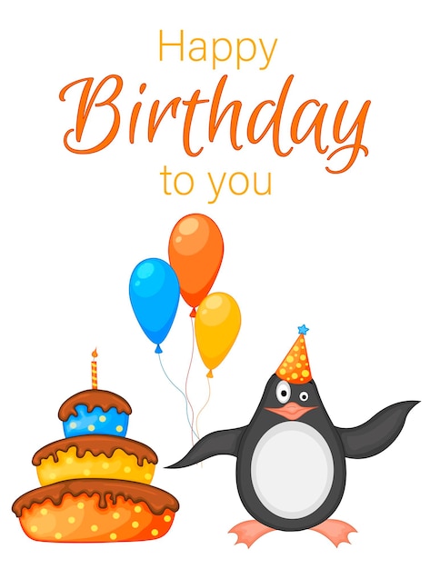 Conjunto de fiesta con pingüino y elementos coloridos sobre un fondo blanco inscripción feliz cumpleaños vector multicolor