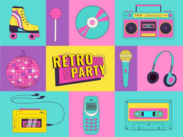 Conjunto de fiesta retro Cartel de música geométrica con elementos de los 90 en estilo pop art Perfecto para las redes sociales