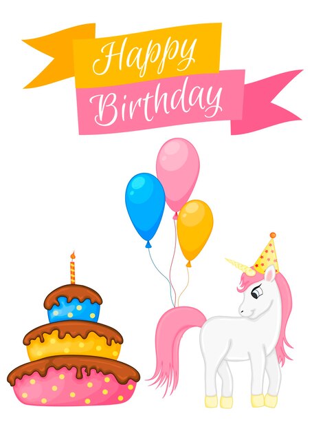 Conjunto de fiesta con unicornio y elementos coloridos sobre un fondo blanco Inscripción Feliz cumpleaños Vector multicolor