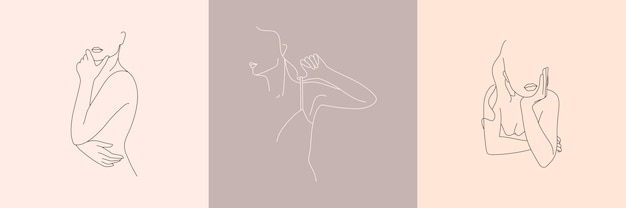 Conjunto de figura femenina minimalista abstracta en ropa interior. Ilustración de vector del cuerpo femenino en un estilo lineal.