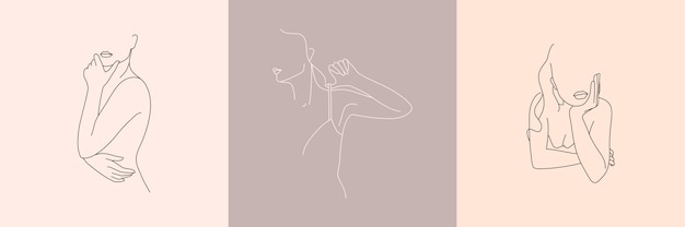 Conjunto de figura femenina minimalista abstracta en ropa interior. ilustración de vector del cuerpo femenino en un estilo lineal.