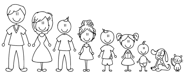 Conjunto de figuras de dibujos animados felices hombre de palo de la familia