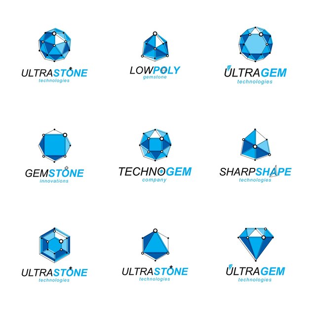 Conjunto de figuras facetadas 3D abstractas con líneas conectadas. Colección de elementos de diseño de baja polietileno vectorial. Conjunto de signos de joyería brillantes para su uso en el concepto de diseño de publicidad.