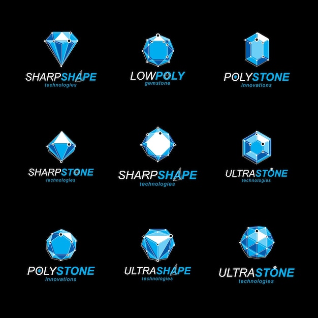 Conjunto de figuras facetadas 3D abstractas con líneas conectadas. Colección de elementos de diseño de baja polietileno vectorial. Conjunto de signos de joyería brillantes para su uso en el concepto de diseño de publicidad.