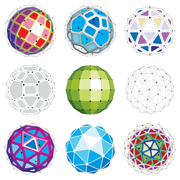 Conjunto de figuras facetadas 3d abstractas con líneas conectadas. Colección de elementos de diseño vectorial de baja poli, concepto científico. Formas de orbe cibernético con rejilla y malla de líneas, estructura de red.