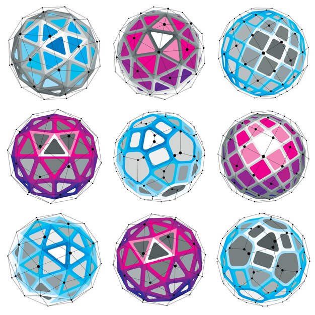 Conjunto de figuras facetadas 3d abstractas con líneas conectadas. Colección de elementos de diseño vectorial de baja poli, concepto científico. Formas de orbe cibernético con rejilla y malla de líneas, estructura de red.
