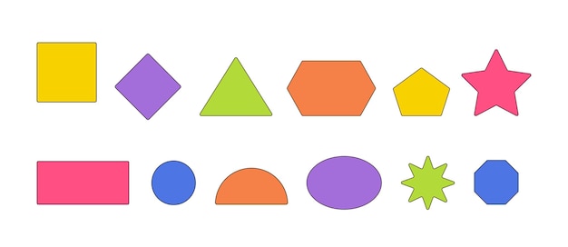Conjunto de figuras geométricas, círculo cuadrado, triángulo y rectángulo, estrella, rombo, hexágono o pentágono y formas de semicírculo que forman la base de la geometría, ilustración vectorial de dibujos animados