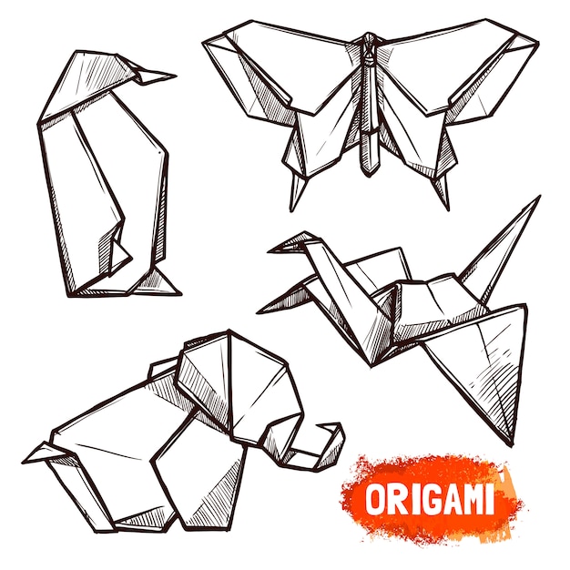 Conjunto de figuras de origami dibujadas a mano